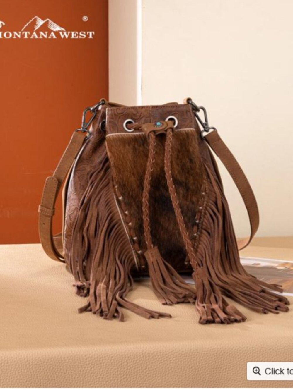 Wholesale Montana West Cowhide Fringe Bucket Bag-Brown